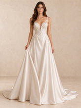 Deep V-Neck Lace Appliqué Satin A-Line Wedding Dress
