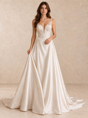 Deep V-Neck Lace Appliqué Satin A-Line Wedding Dress