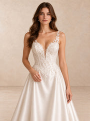 Deep V-Neck Lace Appliqué Satin A-Line Wedding Dress