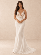 Deep V-Neck Lace Appliqué Satin Mermaid Wedding Dress with Sweeping Train