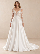 Deep V-Neck Lace Bodice Long Sleeve Satin A-Line Wedding Dress