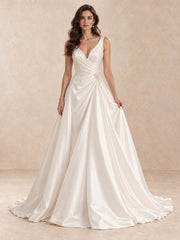 Deep V-Neck Satin A-Line Wedding Dress with Pearl Waist Detail
