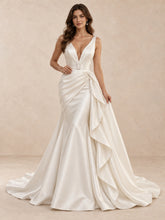 Deep V-Neck Satin Mermaid Wedding Dress with Draped Overskirt