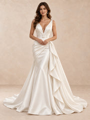Deep V-Neck Satin Mermaid Wedding Dress with Draped Overskirt