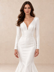 Deep V-neck Long Sleeve Mermaid Wedding Dress With Pearl Accents