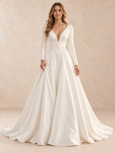 Deep V Back Long Sleeves Satin Wedding Dress with Pearl Accents