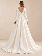 Deep V Back Long Sleeves Satin Wedding Dress with Pearl Accents
