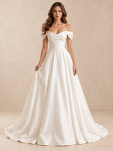 Draped Off-the-Shoulder Neckline Satin A-Line Wedding Dress