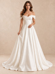 Draped Off-the-Shoulder Neckline Satin A-Line Wedding Dress