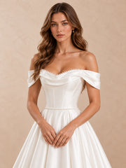 Draped Off-the-Shoulder Neckline Satin A-Line Wedding Dress