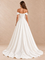 Draped Off-the-Shoulder Neckline Satin A-Line Wedding Dress