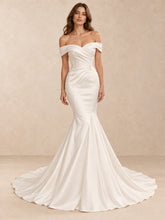 Draped Off-the-Shoulder Satin Mermaid Wedding Dress with Buttoned V-Back