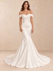 Draped Off-the-Shoulder Satin Mermaid Wedding Dress with Buttoned V-Back