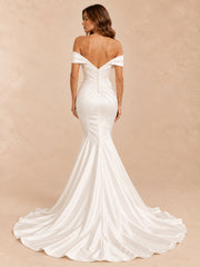 Draped Off-the-Shoulder Satin Mermaid Wedding Dress with Buttoned V-Back
