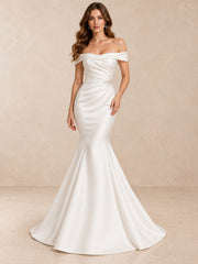 Draped Satin Off-the-Shoulder Mermaid Wedding Dress with Crystal Waist Detail