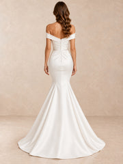 Draped Satin Off-the-Shoulder Mermaid Wedding Dress with Crystal Waist Detail