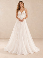 Elowen Deep V-Neck Floral Lace Tulle A-Line Wedding Dress with Sweep Train