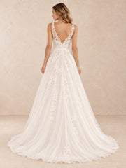 Elowen Deep V-Neck Floral Lace Tulle A-Line Wedding Dress with Sweep Train