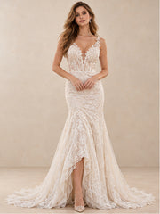 Elowen Deep V-Neck Lace Mermaid Wedding Dress with Chapel Train