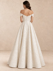 Floral Jacquard Off-the-Shoulder A-Line Wedding Dress with Button Back