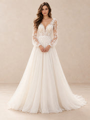 Floral Lace Appliqué Long Sleeve V-Neck A-Line Wedding Dress