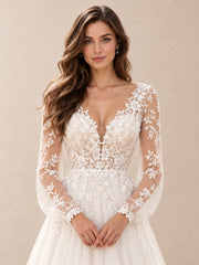 Floral Lace Appliqué Long Sleeve V-Neck A-Line Wedding Dress