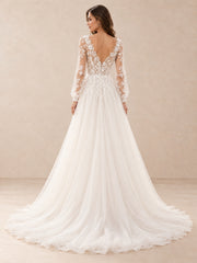 Floral Lace Appliqué Long Sleeve V-Neck A-Line Wedding Dress