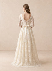 Floral Lace V-Neck Wedding Dress with 3/4 Sleeves and Satin Bow Back