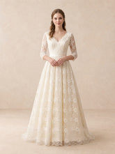 Floral Lace V-Neck Wedding Dress with 3/4 Sleeves and Satin Bow Back