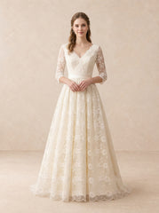 Floral Lace V-Neck Wedding Dress with 3/4 Sleeves and Satin Bow Back