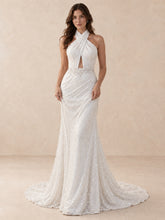 Halter Mermaid Wedding Dress with Sequined Draping and Open Back