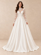 High-Neck Floral Lace Sleeves A-Line Satin Wedding Dress