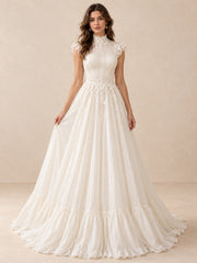High-Neck Lace A-Line Tulle Wedding Dress with Ruffled Hem