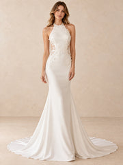 High Neck Lace Appliqué Crepe Mermaid Wedding Dress with Sweep Train