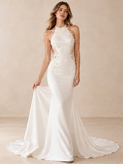 High Neck Lace Appliqué Crepe Mermaid Wedding Dress with Sweep Train
