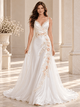 Ivory Satin A-Line Wedding Dress with V-Neck Lace Trim & Floral Appliqués