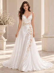 Ivory Satin A-Line Wedding Dress with V-Neck Lace Trim & Floral Appliqués