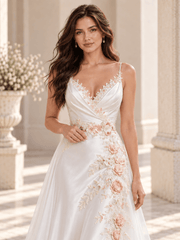Ivory Satin A-Line Wedding Dress with V-Neck Lace Trim & Floral Appliqués