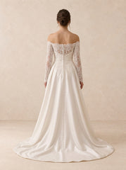 Lace Appliqué Off-the-Shoulder Satin A-Line Wedding Dress with Chapel Train