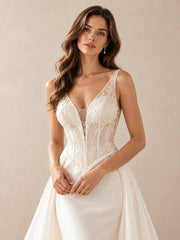Lace Corset Bridal Gown with Draped Overskirt & Sweep Train