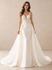 Lace Corset Bridal Gown with Draped Overskirt & Sweep Train