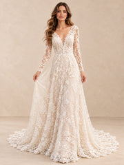 Lace Long Sleeve V-Neck A-Line Wedding Dress with Sweep Train