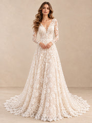 Lace Long Sleeve V-Neck A-Line Wedding Dress with Sweep Train