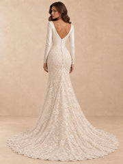 Long-Sleeve Lace Mermaid Wedding Dress with Plunging V-Neck