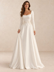 Long Sleeve Satin A-Line Wedding Dress with Pearl Beading Waist
