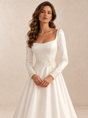 Long Sleeve Satin A-Line Wedding Dress with Pearl Beading Waist