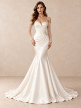 Long Sleeve Satin Off-the-Shoulder Mermaid Wedding Dress with Beaded