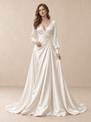 Long Sleeve V-Neck Satin A-Line Wedding Dress with Draped Waist