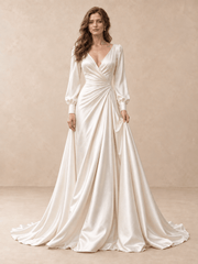 Long Sleeve V-Neck Satin A-Line Wedding Dress with Draped Waist