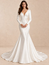 Long Sleeve V-Neck Satin Mermaid Wedding Dress with Floral Appliqué